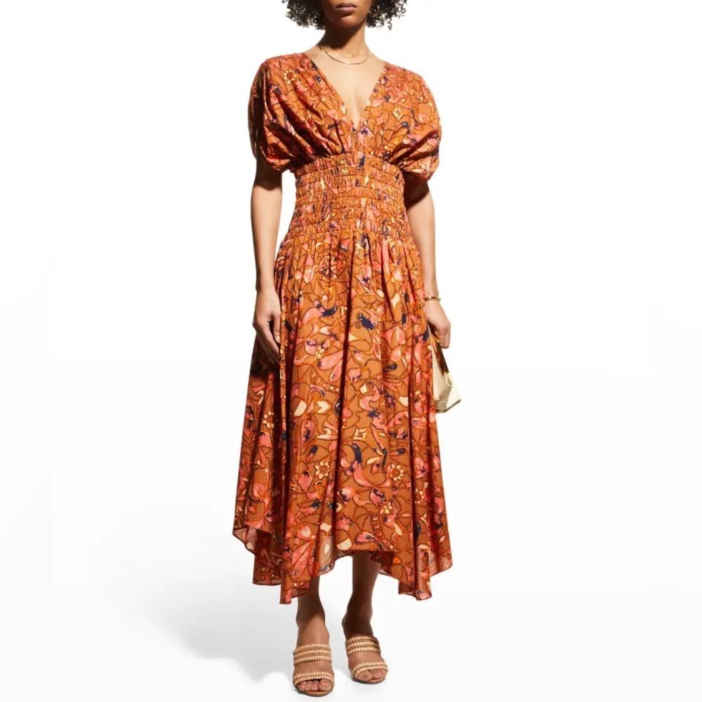 A.L.C. Lucia Floral V Neck Smocked Waist A-Line Midi Dress, NWT, Size 2 - Picture 2 of 9